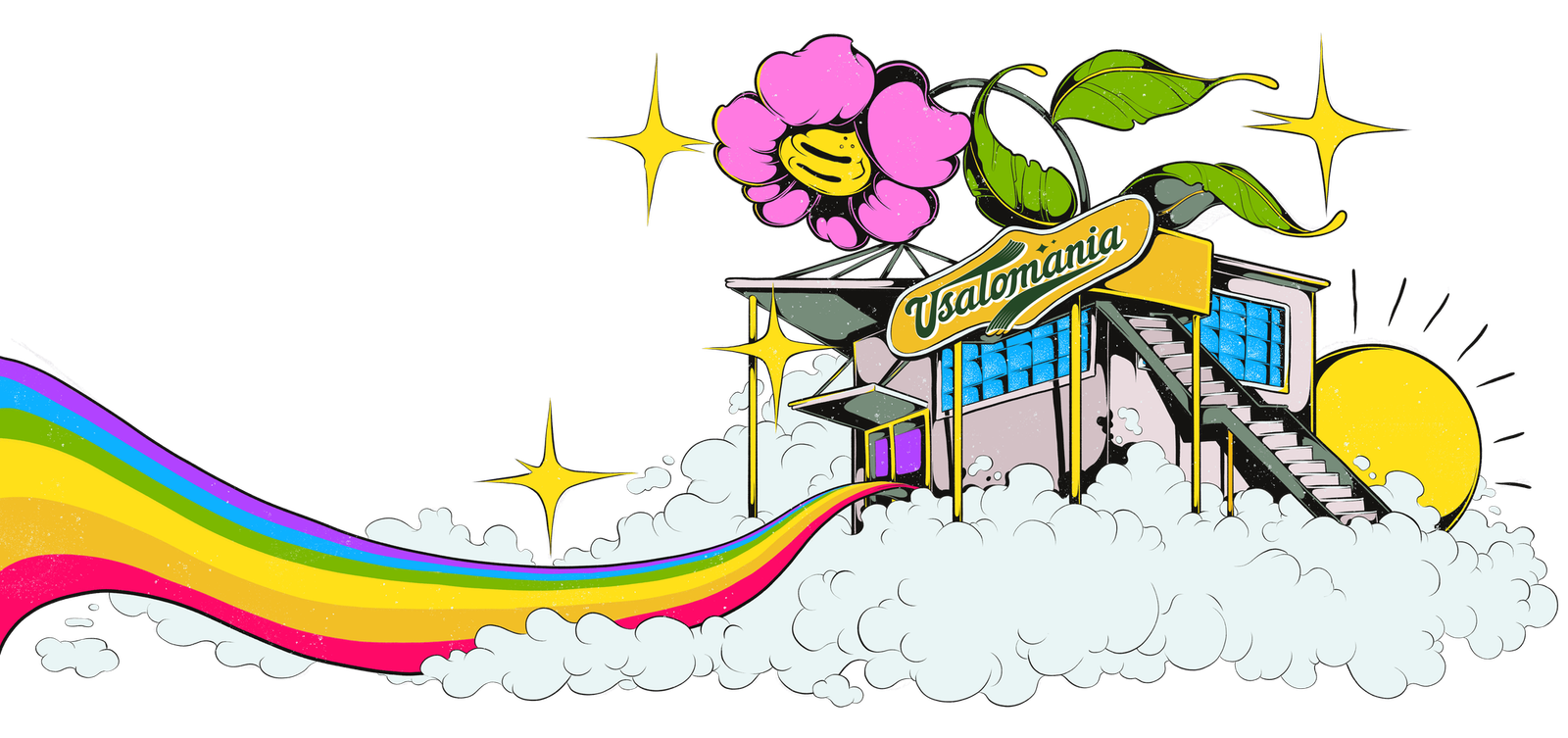 Illustrazione del negozio Usatomania a Pontedassio, con nuvole e arcobaleno