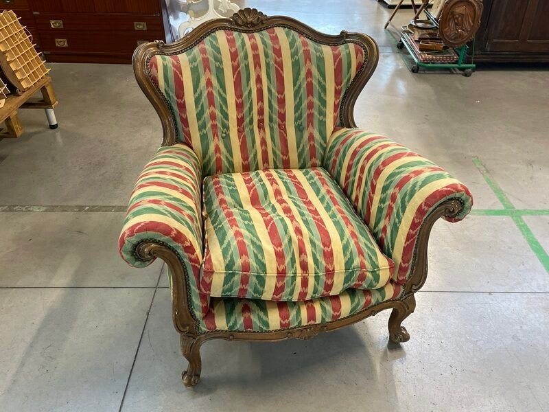 Poltrona in Legno con Stoffa a Righe Beige/Verde/Rosso